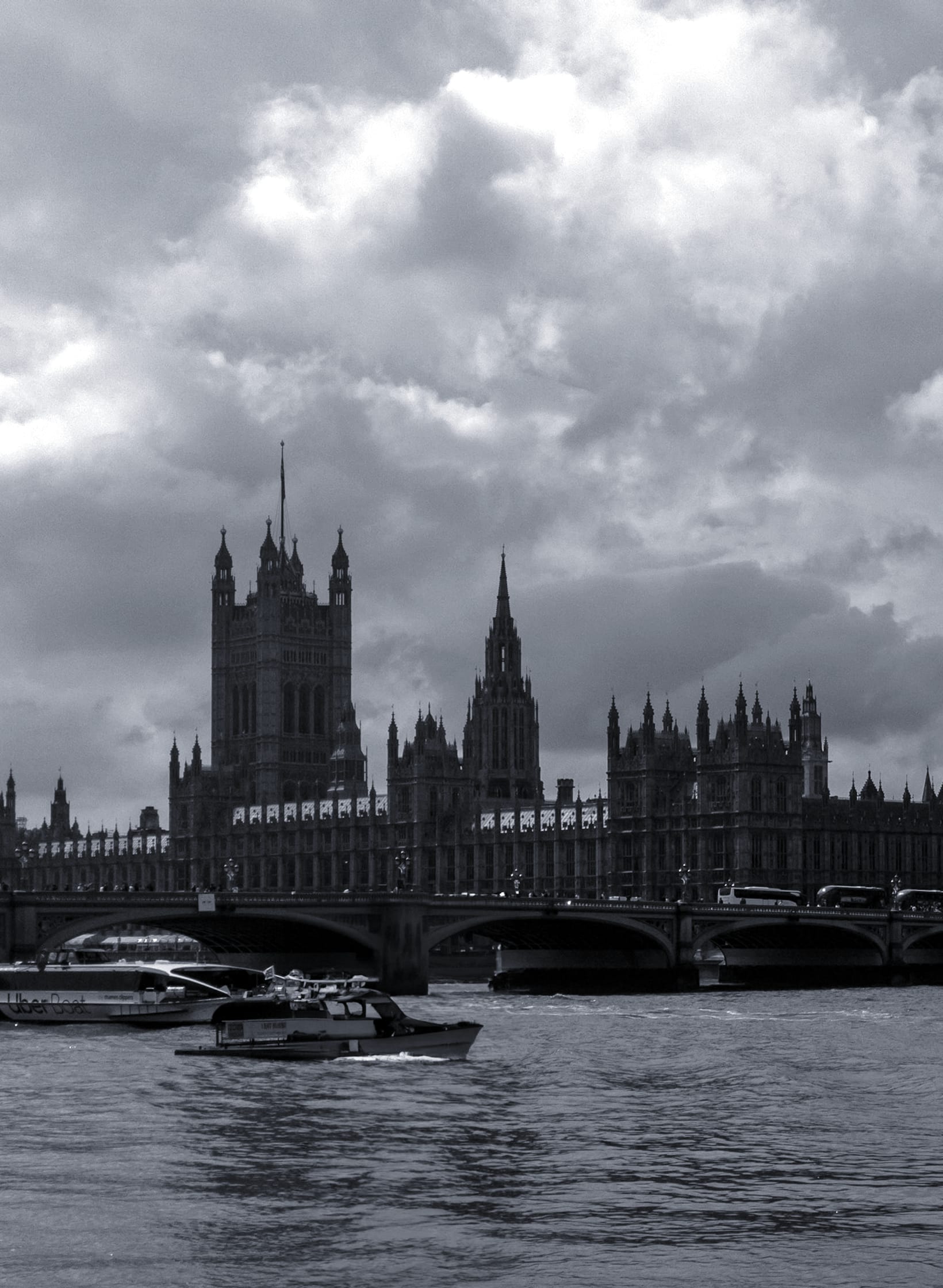 The Houses of Parliament and Elizabeth Tower seen across the River Thames in London
