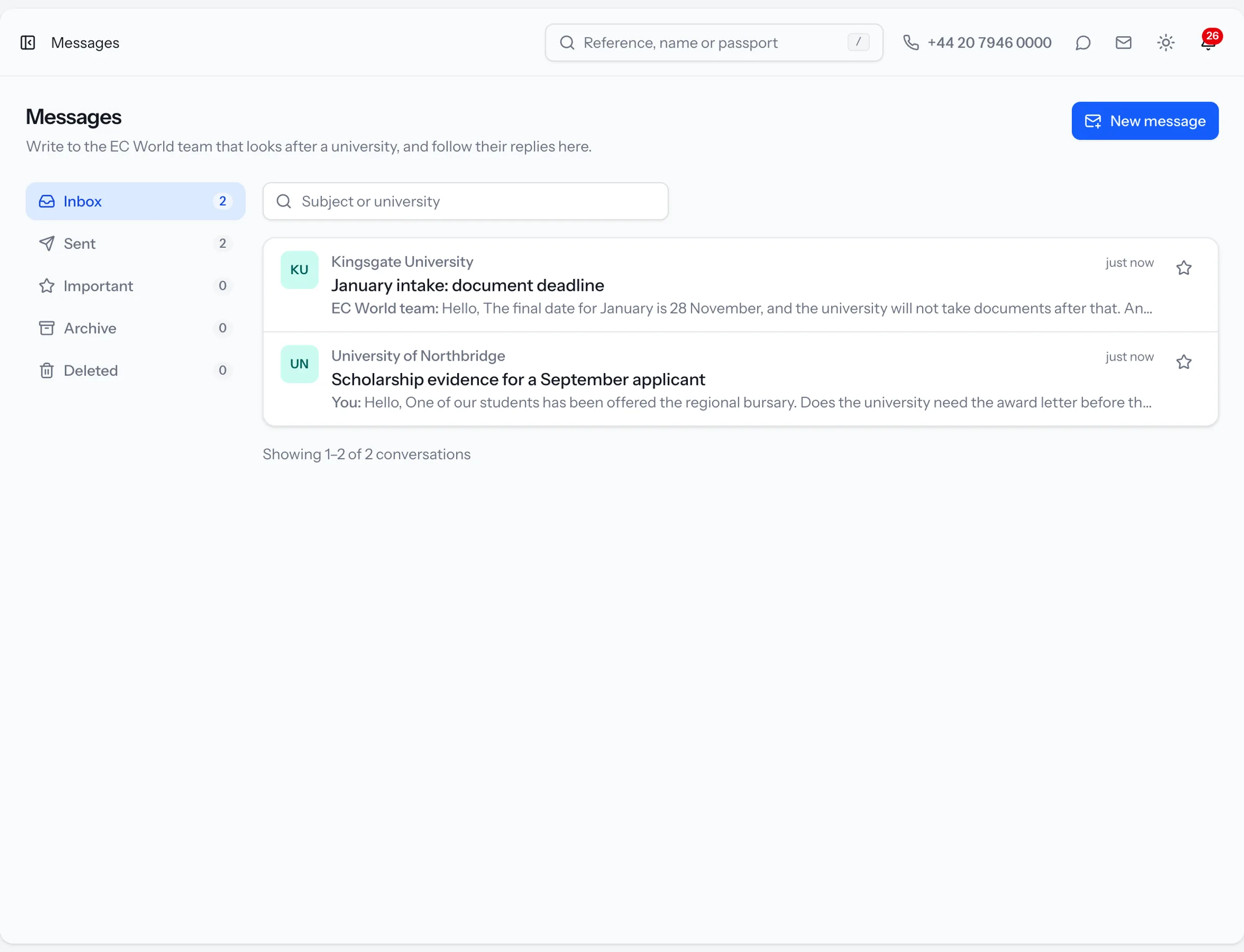 The Riseway mailbox, with conversations between an agency and the EC World team for each university
